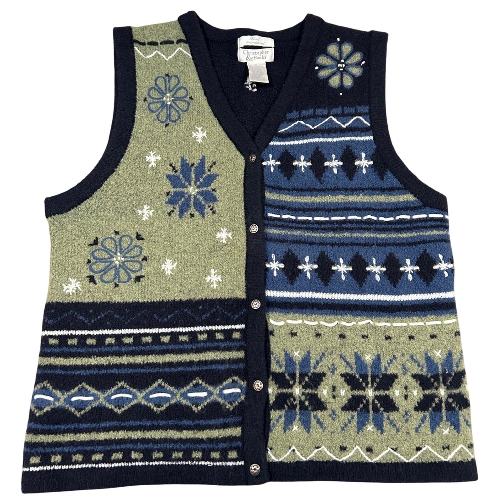 Christopher & Banks Christmas Holiday Fair Isle Sweater Vest‎ Wool Blend S